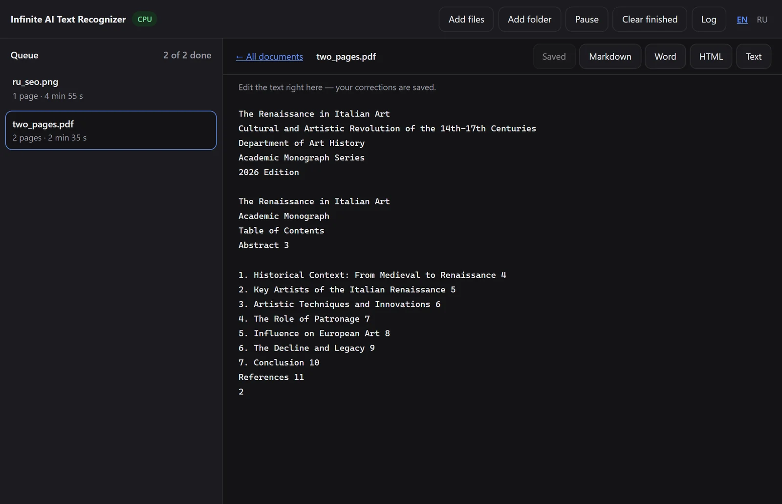 Infinite AI Text Recognizer — The work window: the queue on the left, the recognised text on the right — it can be edited right here and exported to Markdown, Word, HTML or plain text