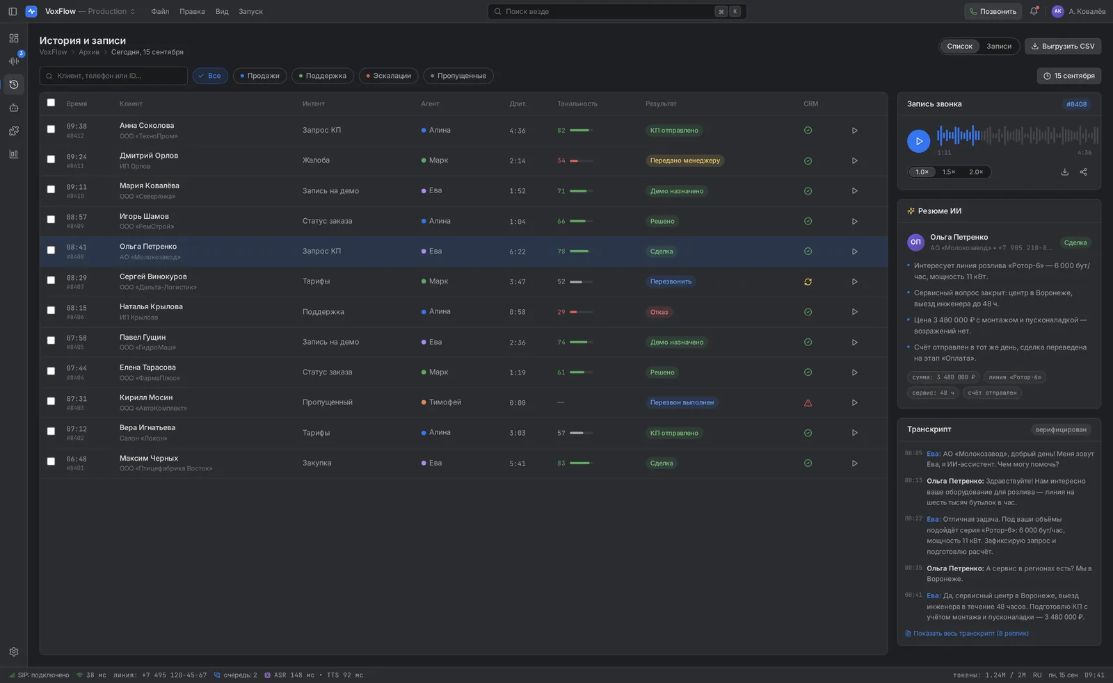 VoxFlow — Call history: the recording, the transcript and the outcome of every conversation